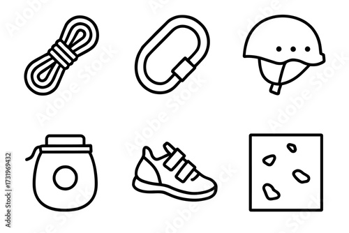 Climbing equipment icons: rope, carabiner, helmet, chalk bag, shoe, climbing wall