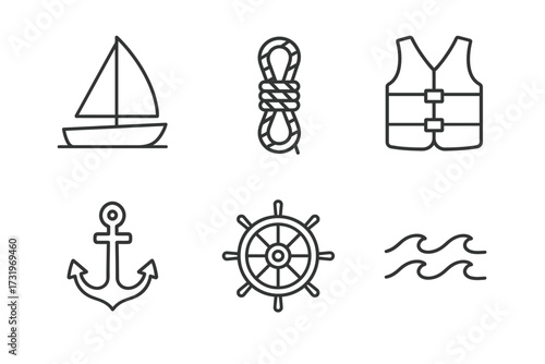 Nautical icons: sailboat, rope, life vest, anchor, ship wheel, waves