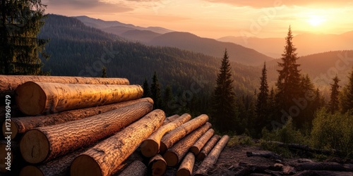 Logs at Sunset in Carpathian Mountains, Deforestation and Forestry Industry