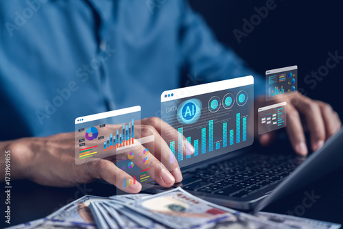AI for data science and analytics workflow. Hands using laptop to visualize financial data