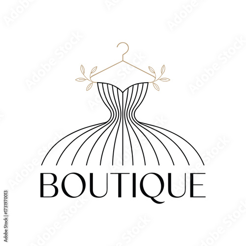 Black outline of a dress on a hanger with leaves and word BOUTIQUE in gold boutique fashion