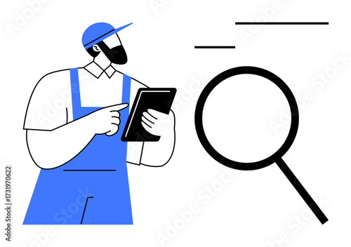 Worker wearing uniform and cap holds tablet, examining data. Magnifying glass emphasizes analysis. Ideal for quality control, inspection, analysis, data verification, productivity, research