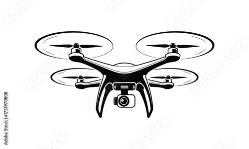 Black silhouette illustration of a quadcopter drone with a camera unmanned aerial vehicle aircraft