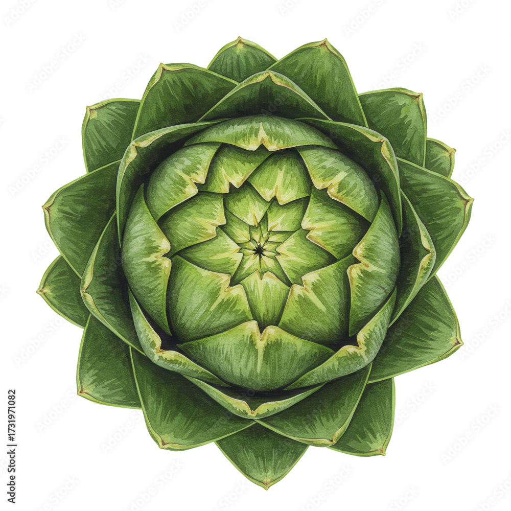 Obraz premium Detailed watercolor illustration of a fresh, green artichoke from above isolated on white background