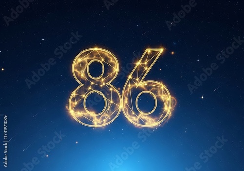 Abstract glowing golden number 86 with intricate plexus and light particles on a dark blue starry space background.