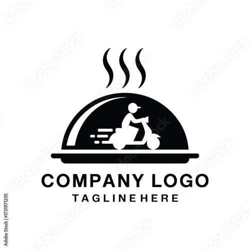 Black silhouette logo of a scooter delivery person under a cloche with steam and text company logo tagline here