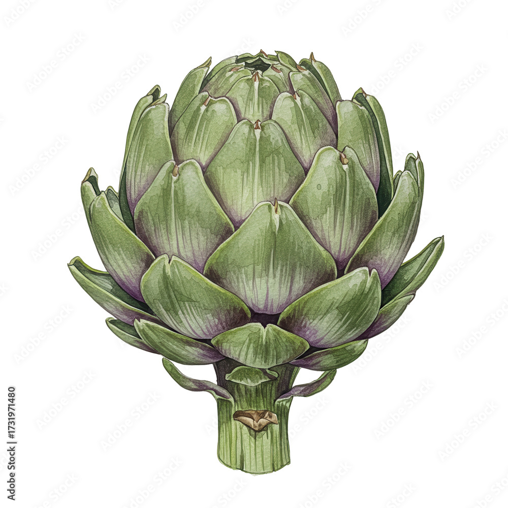 Fototapeta premium Detailed watercolor illustration of a fresh green artichoke with purple accents isolated on white background