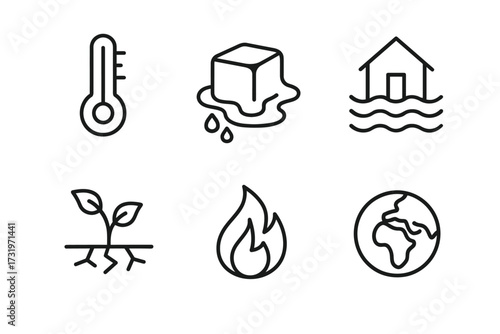 Climate change icons: temperature, ice melt, flood, drought, fire, earth