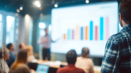 Man presenting bar graph to audience in a conference room with bright natural light coming through windows