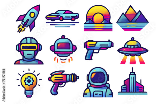 Futuristic icon set: space, technology, robots, and transportation