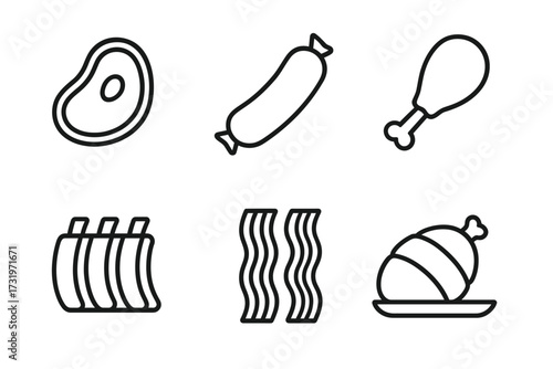 Outline icons of meat varieties including steak, sausage, drumstick, ribs, bacon, and roasted chicken