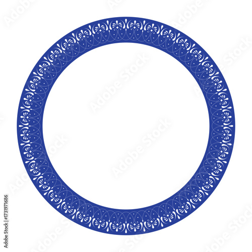 Blue round decorative frame with an intricate white floral, swirl pattern for traditional ceramic, porcelain pieces. This elegant round frame is perfect for decorating invitations, labels, monograms