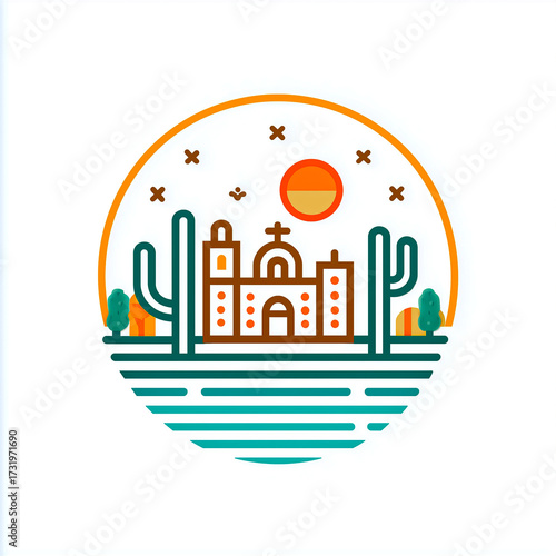 Flat Vector Illustration of Desert City with Cactus and Sun Icon