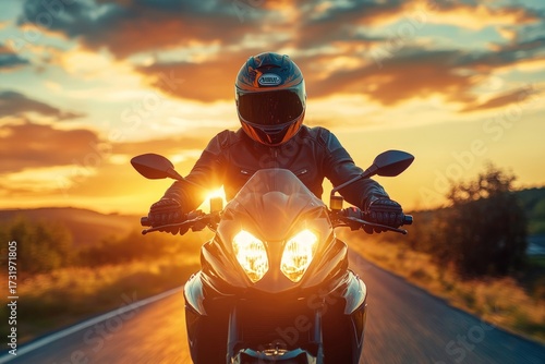 A biker rides a motorcycle towards the setting sun on an open road with hills in the background