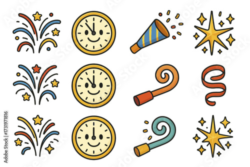 Festive celebration elements with clocks, fireworks, and party blowers