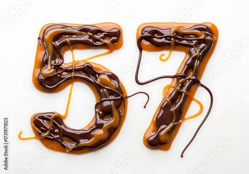 Decadent number 57 crafted from rich chocolate and sweet caramel drizzle, isolated on a clean white background.