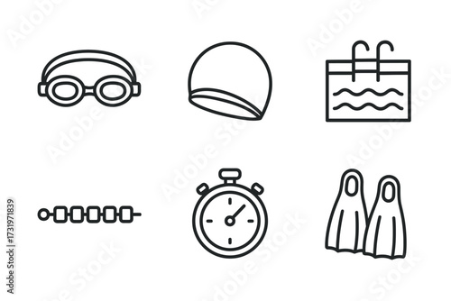 Swimming gear icons: goggles, cap, pool, stopwatch, kickboard, flippers