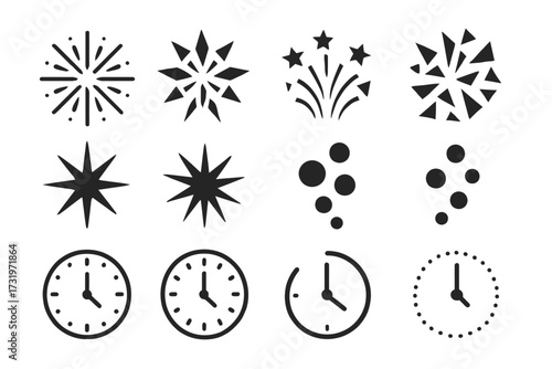Abstract symbols: fireworks, stars, bubbles, clocks in black and white icons set
