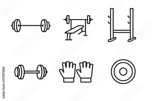 Weightlifting equipment line icons: barbell, bench press, rack, dumbbell, gloves, plate