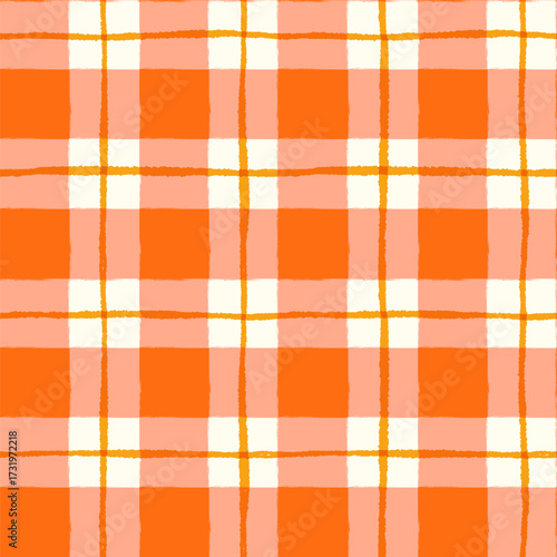 Hand Painted Orange Check Seamless Vector Pattern, Wavy Irregular Plaid Background for Autumn, Harvest and Thanksgiving Designs