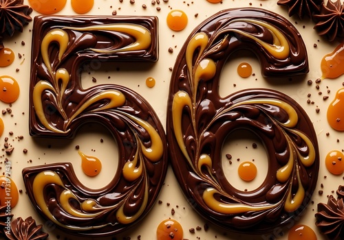 Chocolate and Caramel Number 56 Dessert with Sweet Drizzles and Candy Sprinkles for Anniversary or Birthday Celebration