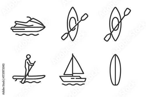Simple line icons of watercrafts and water activities