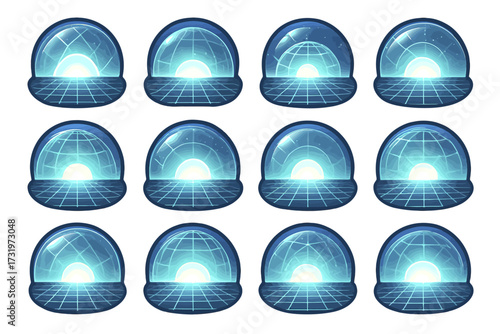 Set of futuristic hologram interface designs with glowing blue domes