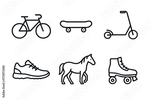Simple icons of bicycle, skateboard, scooter, shoe, horse, and roller skate