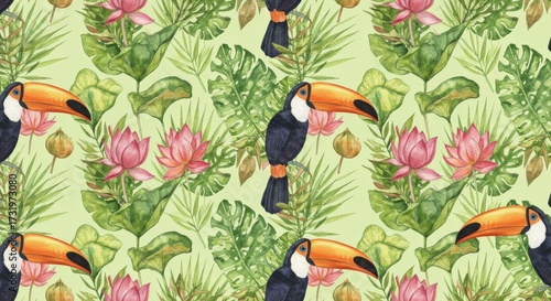 Watercolor Tropical Pattern: Toucans, Lotus Flowers, and Foliage.