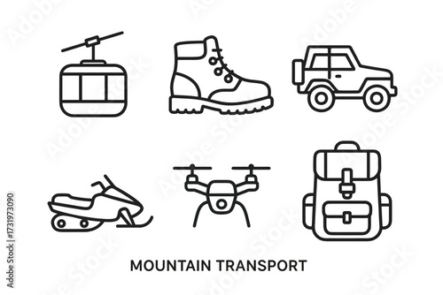 Essential mountain transport icons: cable car, hiking boot, jeep, snowmobile, drone, backpack