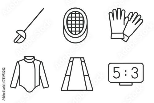 Fencing equipment illustration: sword, mask, gloves, jacket, strip, scoreboard