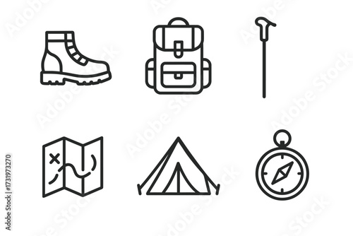 Vector icon set: hiking essentials including compass, backpack, tent, and map