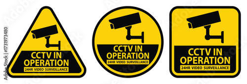 Three CCTV Surveillance Signs with Video Monitoring in Operation Alert