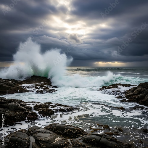 Powerful Ocean Waves Crashing on Rocks.