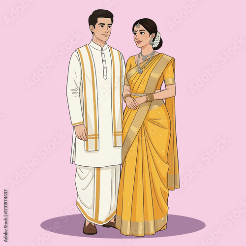 Traditional South Indian Couple in Ethnic Attire Illustration