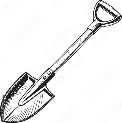 Shovel Digging Gardening or Agriculture Hand-drawn Sketch Drawing Vector Illustration, Line Linear Symbol Engraving Coloring Book, Black and White Isolated