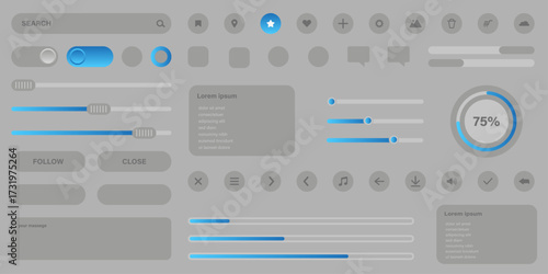 User interface elements collection with cartoon flat vector icons for app and program development, audio, video, and stylish website design on grey background
