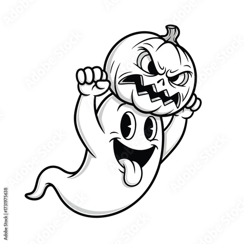 A cheerful cartoon ghost playfully holding a scary jackolantern pumpkin on its head.
