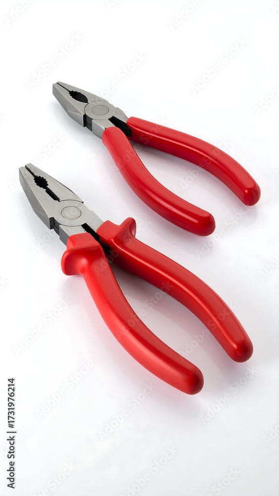 Obraz premium Two pairs of pliers, one slightly larger than the other, with red handles and metal jaws, are angled on a white background