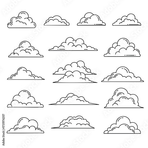 A collection of handdrawn cloud illustrations in a black and white line art sketch style.