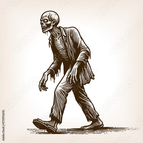 zombie walking at Halloween party sketch engraving generative ai fictional character vector illustration. Scratch board. Black and white image