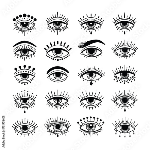 A collection of handdrawn mystical and esoteric eye symbols with decorative lashes and dots.