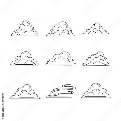 A collection of nine handdrawn cloud illustrations in a simple black outline style.
