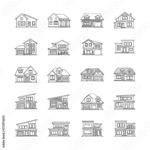 A collection of handdrawn sketches showing various architectural styles of residential houses.