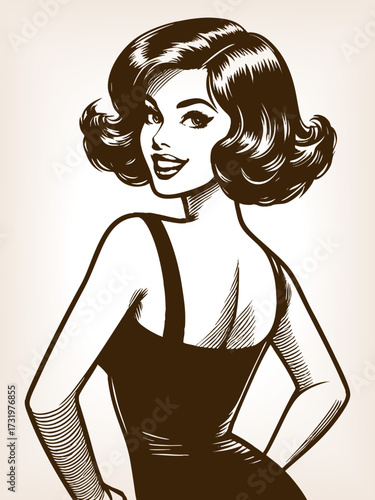 glamorous woman with wavy hair and elegant dress, posing confidently with a smile sketch engraving generative ai fictional character vector illustration. Scratch board imitation. Black and white image