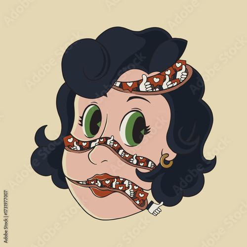 Retro Cartoon Woman Face with Social Media Likes Inside
