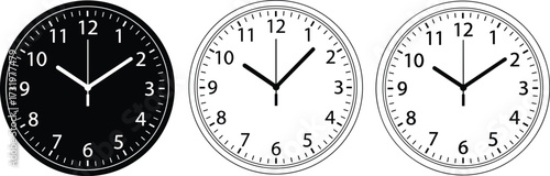 Silhouettes of three analog clocks showing different times with black and white faces, hour markers, and distinct hand positions