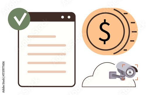 Verified document with green check, dollar coin symbolizing finances, and surveillance camera on cloud. Ideal for security, finance, verification, surveillance, online safety, digital trust cloud