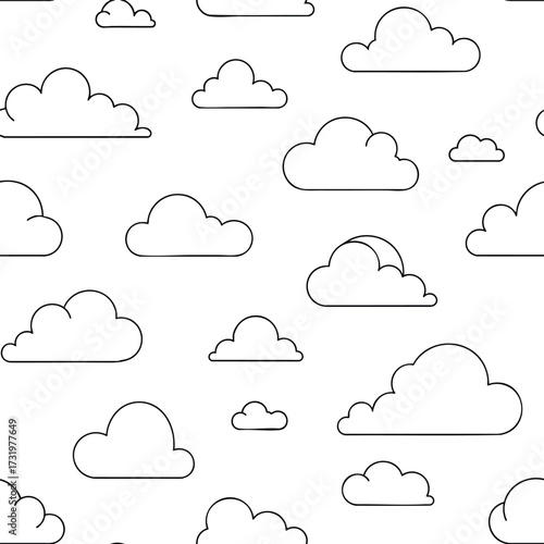 A minimalist seamless pattern of simple black outline cartoon clouds in a handdrawn style.