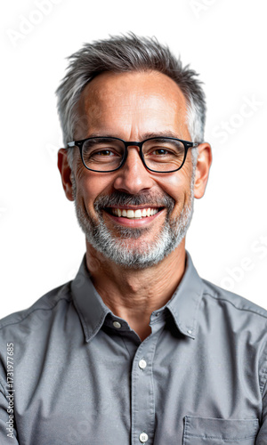 Man Grey Shirt. A mature Caucasian man with short grey hair, glasses, and a slight beard, wearing a grey collared
